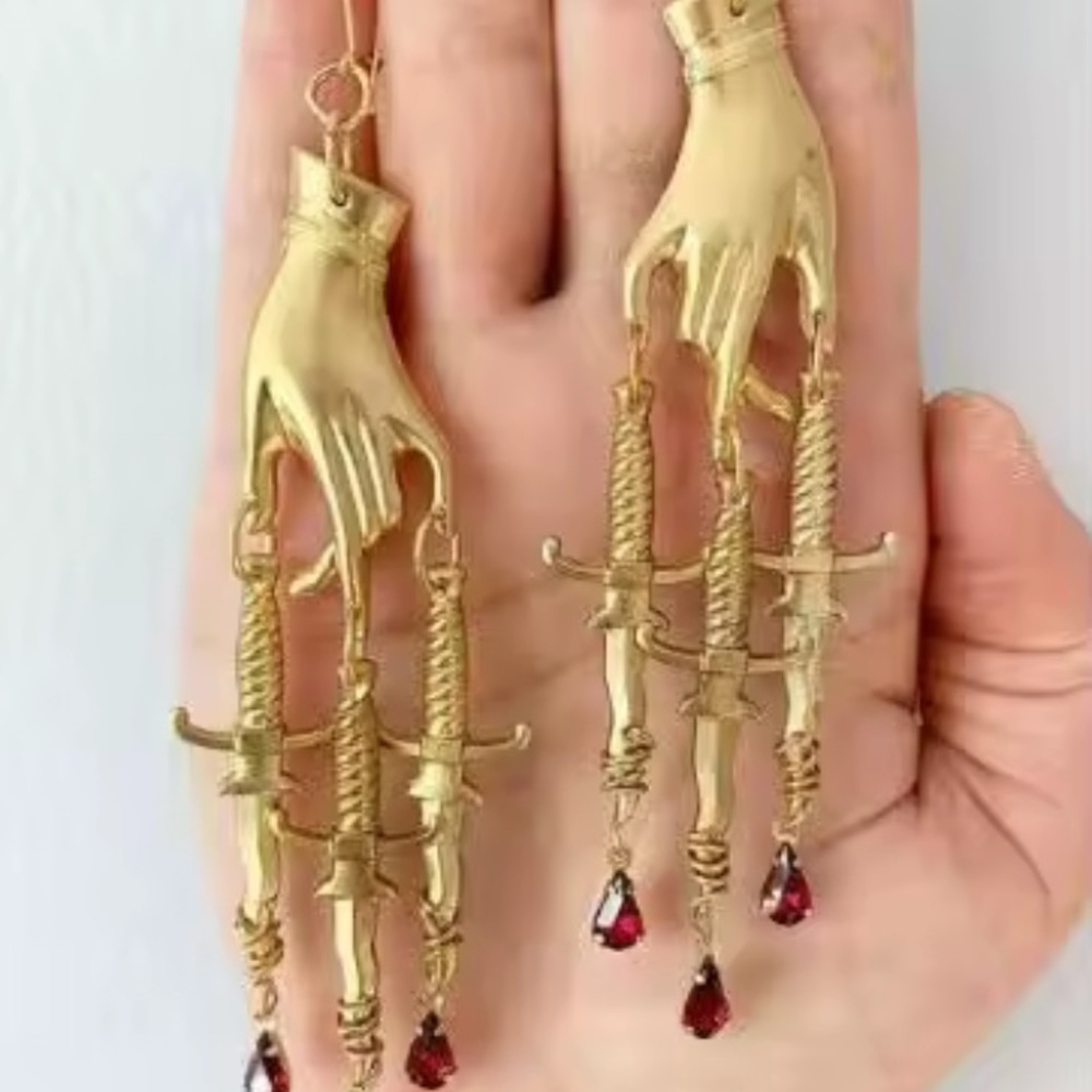 Long Gold Tone Red Rhinestones Hand Dagger Earrings Gothic Punk Hand Knife - Picture 3 of 4
